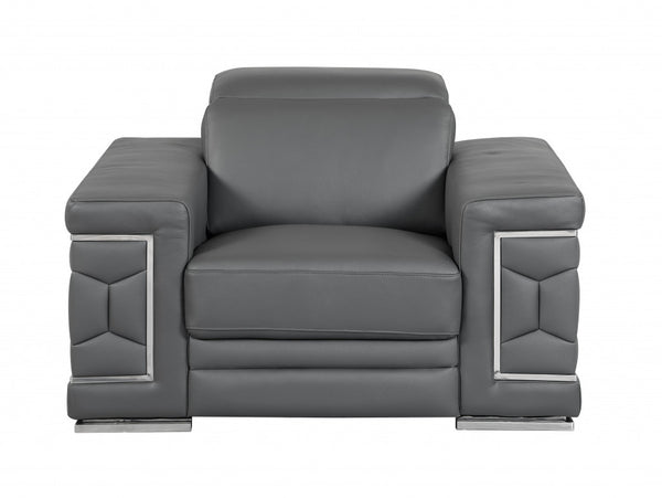 47" Dark Gray And Silver Genuine Leather Arm Chair-0