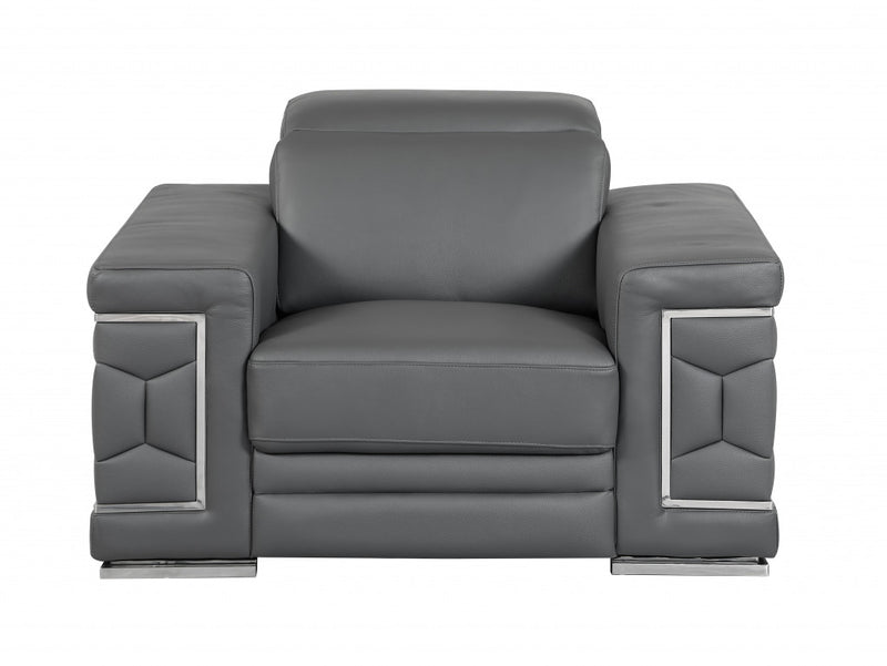 47" Dark Gray And Silver Genuine Leather Arm Chair-0