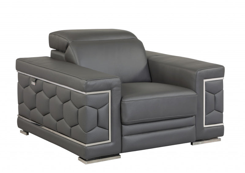 47" Dark Gray And Silver Genuine Leather Arm Chair-2
