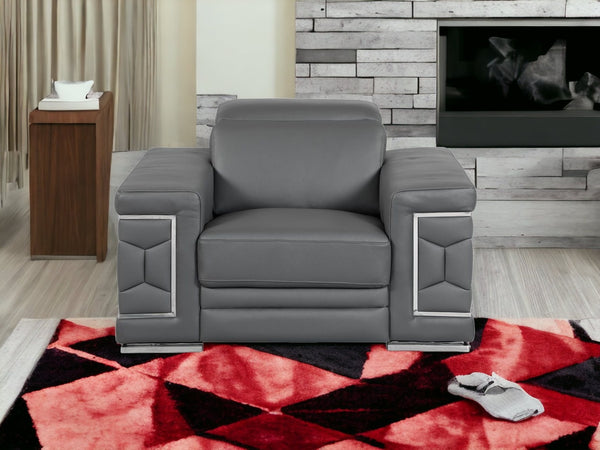 47" Dark Gray And Silver Genuine Leather Arm Chair-1