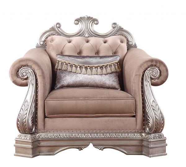 42" Cherry Blossom Pink and Silver Velvet Tufted Arm Chair And Toss Pillow-1
