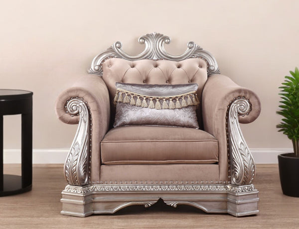 42" Cherry Blossom Pink and Silver Velvet Tufted Arm Chair And Toss Pillow-0