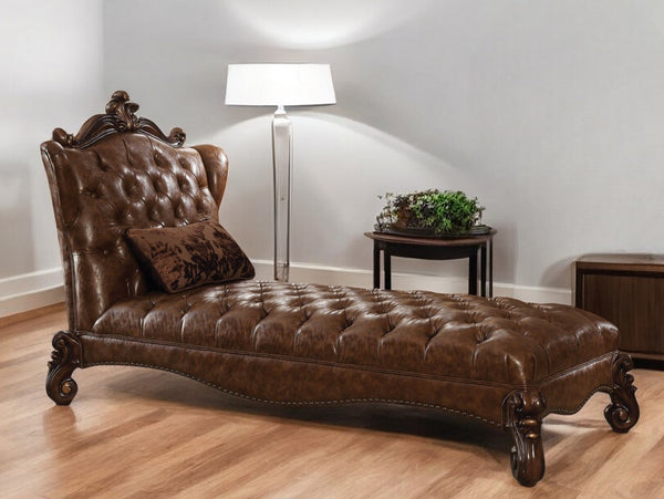 76" Brown and Dark Brown Faux Leather Tufted Lounge Chair And Toss Pillow-1