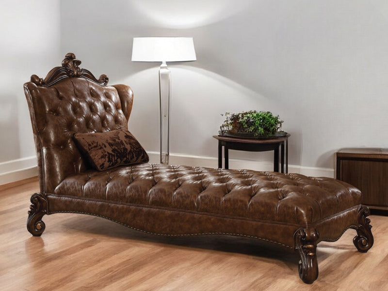 76" Brown and Dark Brown Faux Leather Tufted Lounge Chair And Toss Pillow-1