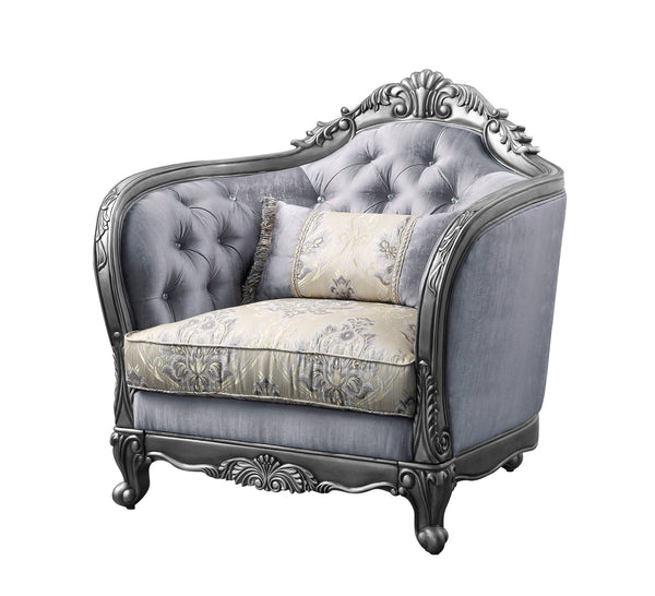 43" Light Gray and Platinum Fabric Floral Tufted Arm Chair And Toss Pillow-1
