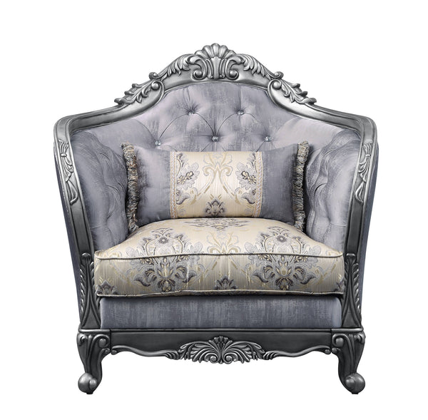 43" Light Gray and Platinum Fabric Floral Tufted Arm Chair And Toss Pillow-0